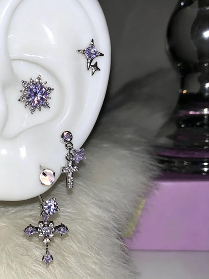 Purple Zircon Cross & Star Earring Set