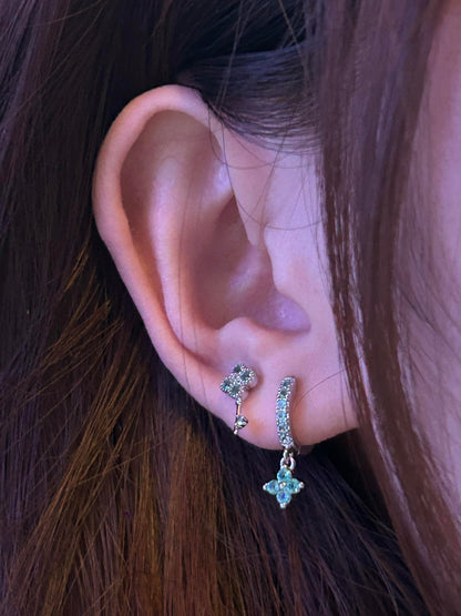 Teal Crystal Key and Flower Charm Earring Stack
