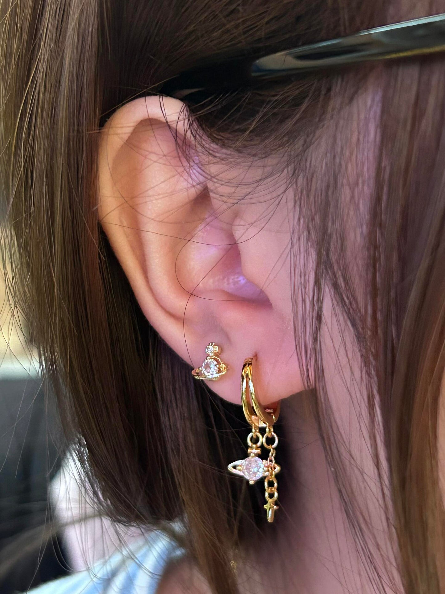 Gold Saturn Duo Double Lobe Earring Stack