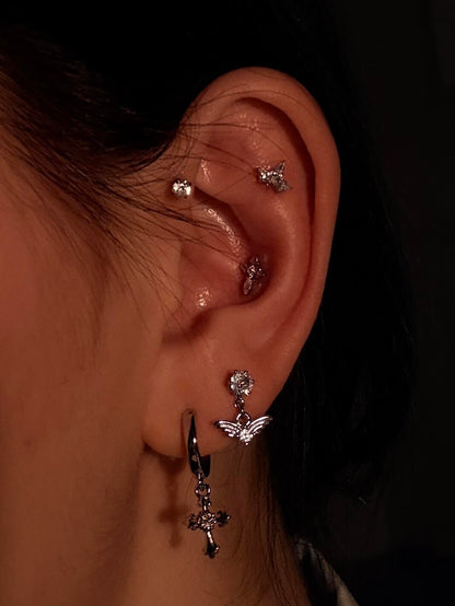 Silver Crystal Cross and Wing Earring Stack