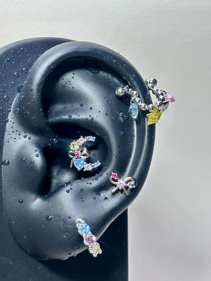 Multi Silver Crystal Bow Star Earring Stack