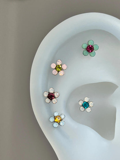 Multi Opal Daisy Flower Helix Earrings