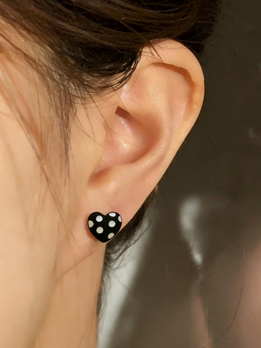 Black Polka Dot Heart Stud Earrings