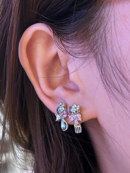 Bow Kitty Fork and Spoon Double Lobe Earring Stack