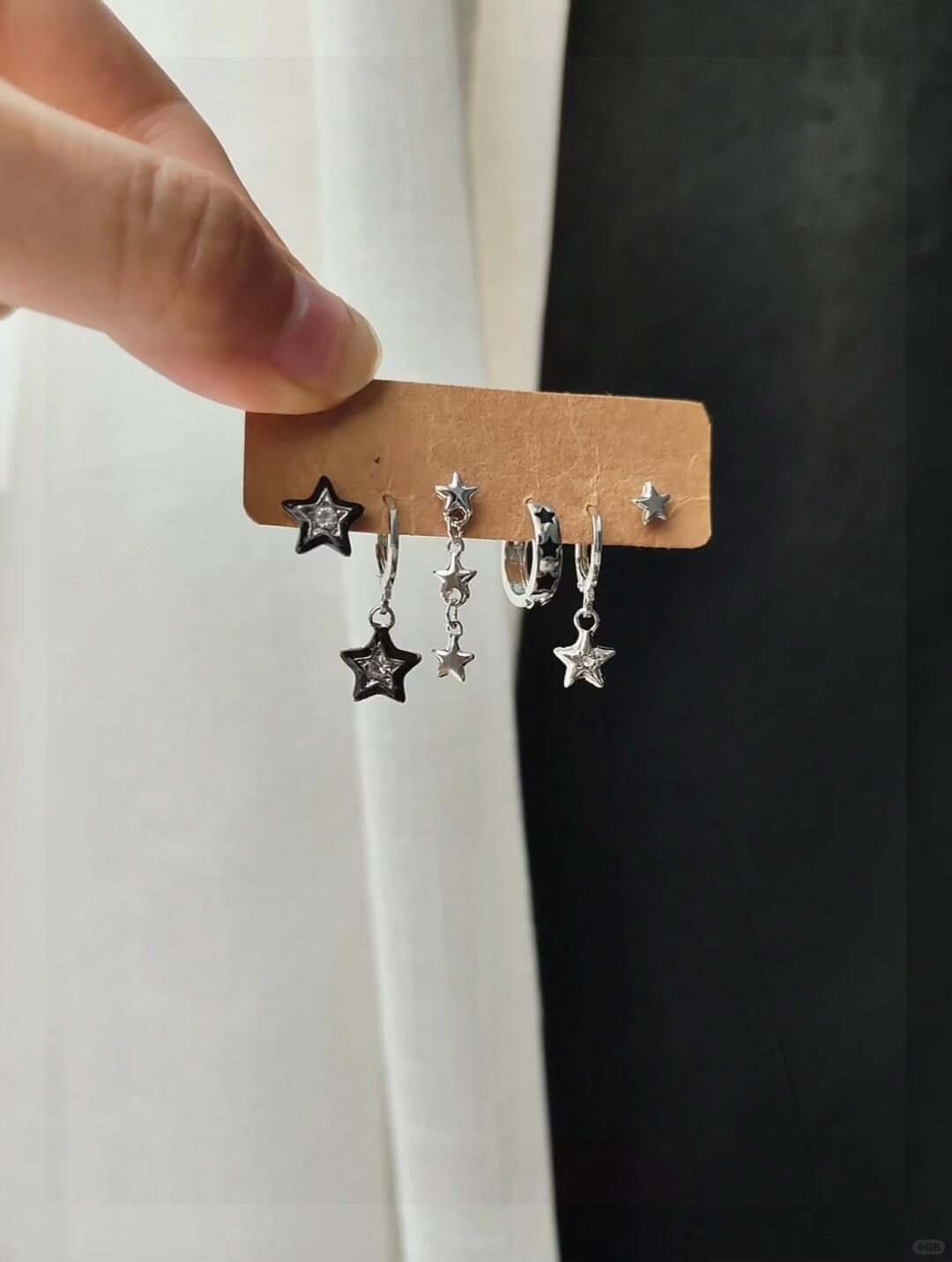 Silver Black Star Charm Huggie Earring Set