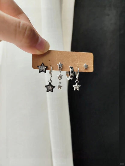 Silver Black Star Charm Huggie Earring Set