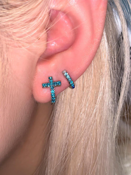 Teal Cross and Huggie Double Lobe Earring Stack