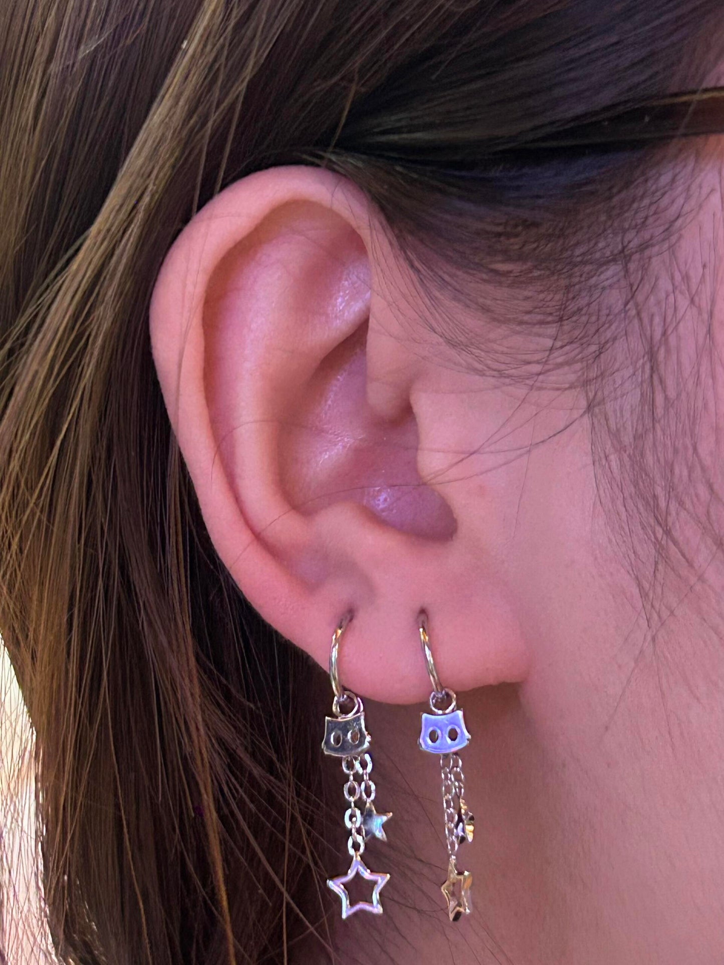 Silver Cat and Star Chain Double Lobe Earring Stack