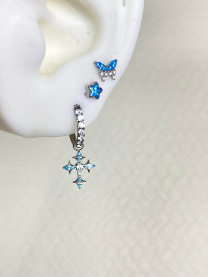 Silver Blue Crystal Butterfly and Cross Triple Lobe Earring Stack