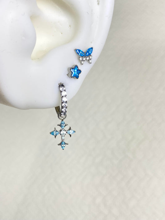 Silver Blue Crystal Butterfly and Cross Triple Lobe Earring Stack