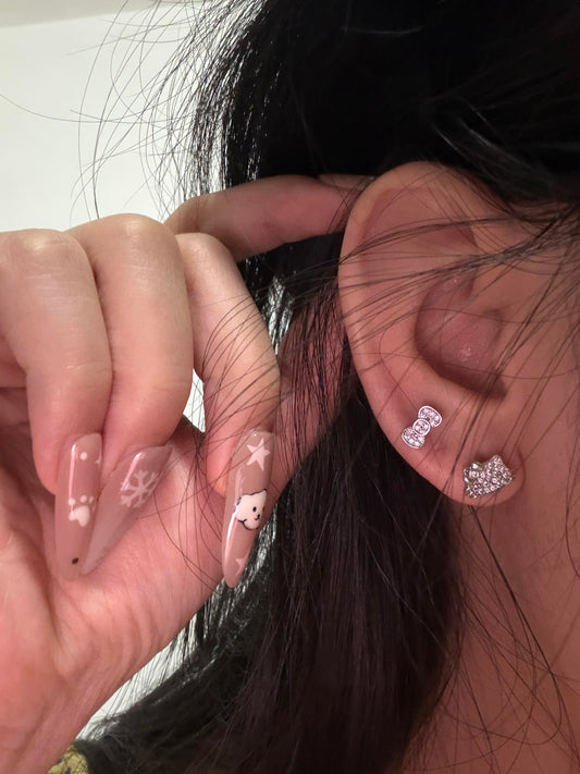 Crystal Bow and Cat Double Lobe Earring Stack