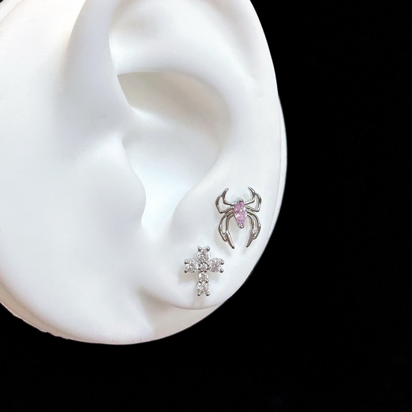Silver Spider and Cross Double Lobe Earring Stack