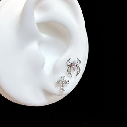 Silver Spider and Cross Double Lobe Earring Stack