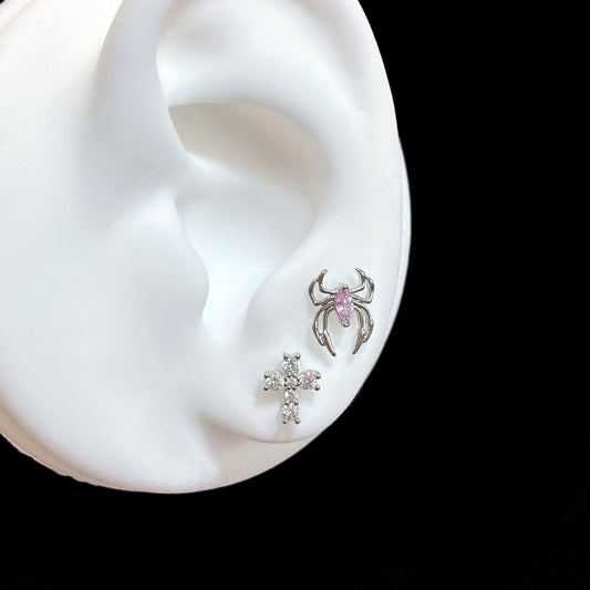 Silver Spider and Cross Double Lobe Earring Stack