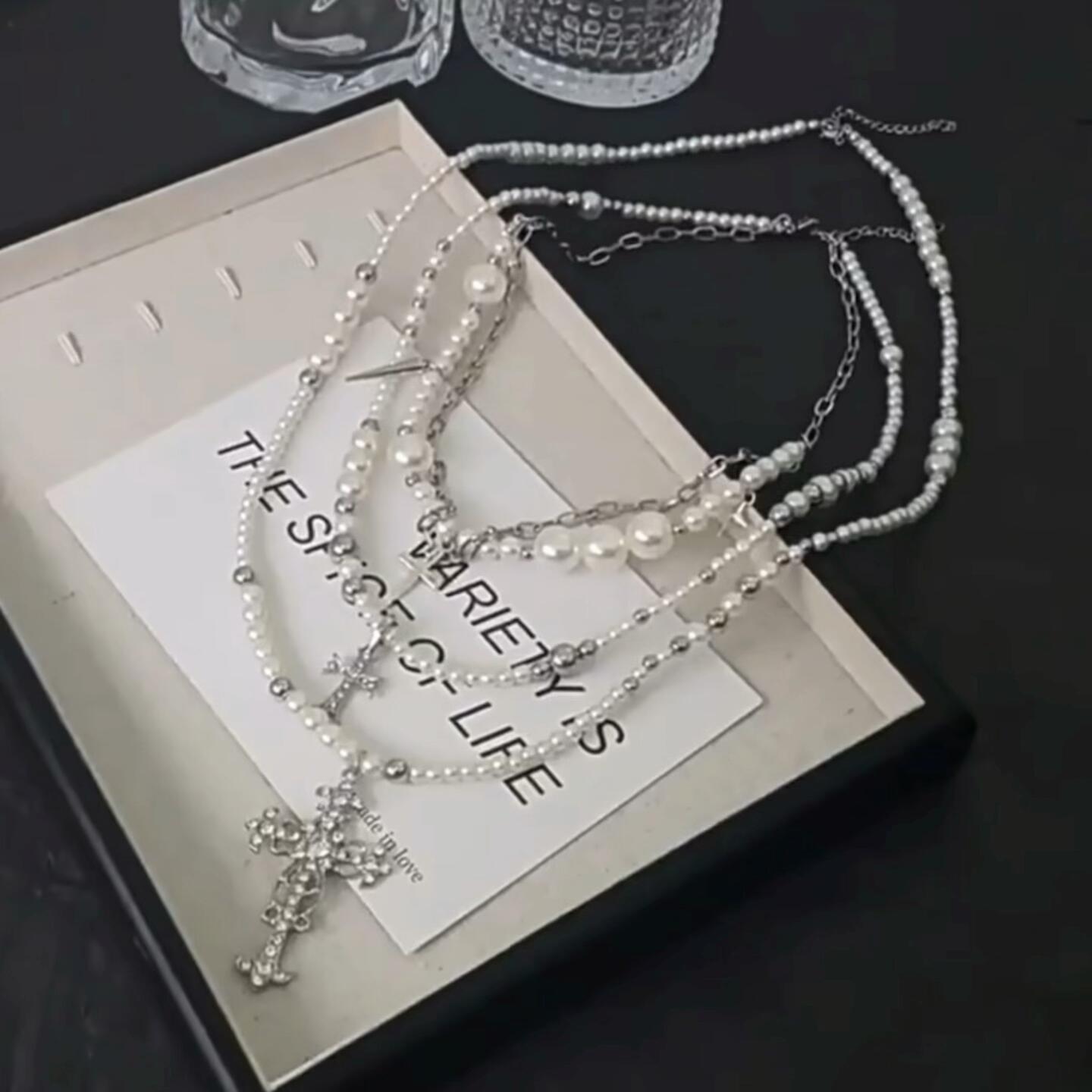 Layered Pearl and Cross Necklace Set