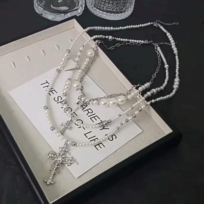 Layered Pearl and Cross Necklace Set