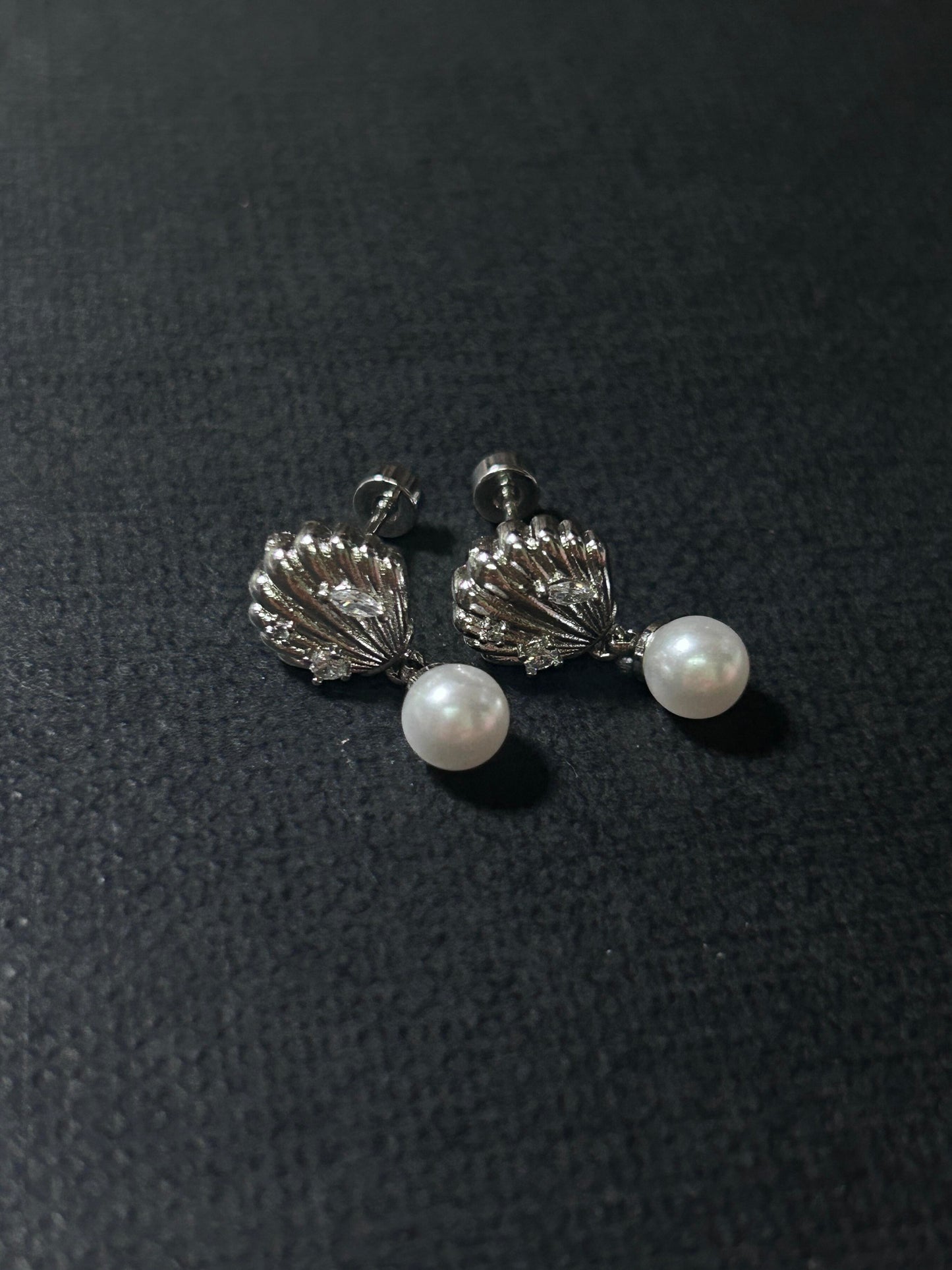 Silver Pearl Seashell Drop Stud Earrings