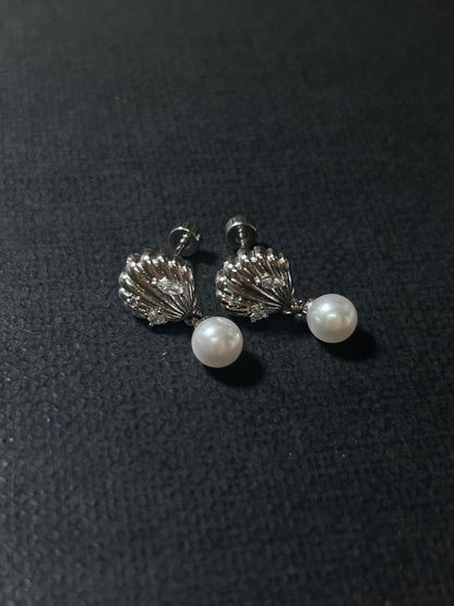 Silver Pearl Seashell Drop Stud Earrings