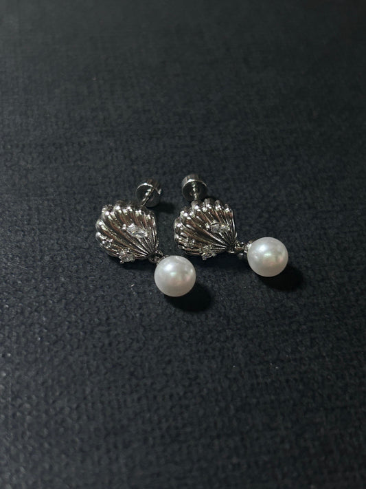 Silver Pearl Seashell Drop Stud Earrings