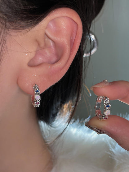 Silver Textured Multi-Stone Hoop Earrings