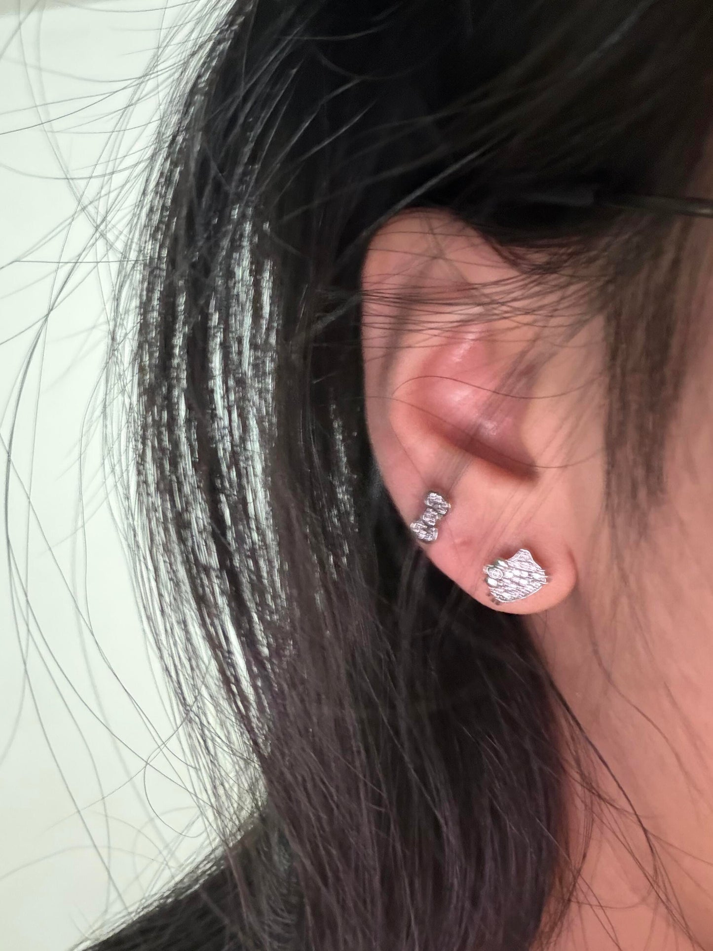 Crystal Bow and Cat Double Lobe Earring Stack