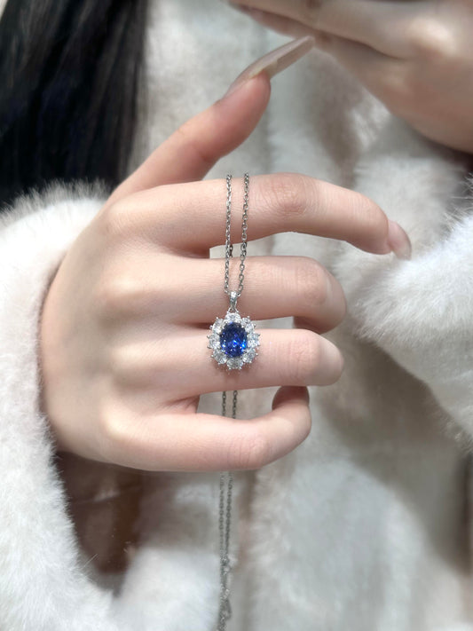 Blue Royal Oval Halo Necklace