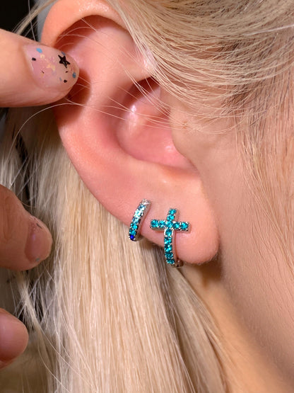 Teal Cross and Huggie Double Lobe Earring Stack