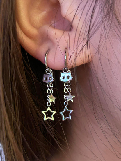 Silver Cat and Star Chain Double Lobe Earring Stack