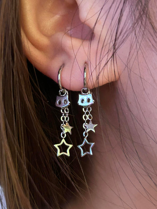 Silver Cat and Star Chain Double Lobe Earring Stack