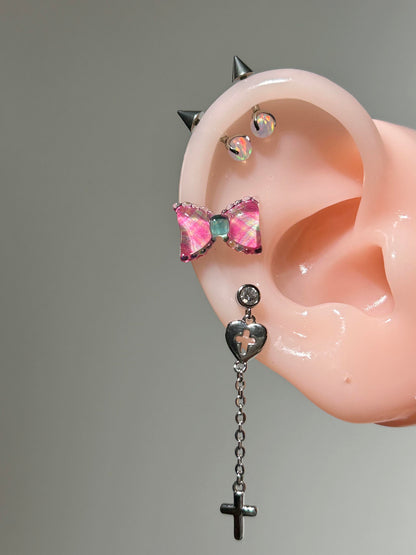 Silver Heart Cross Chain Drop Vertical Helix Earring