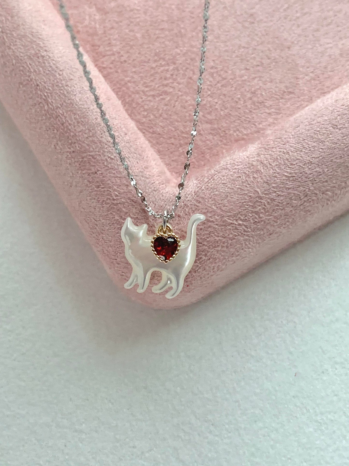 White Cat Heart Pendant