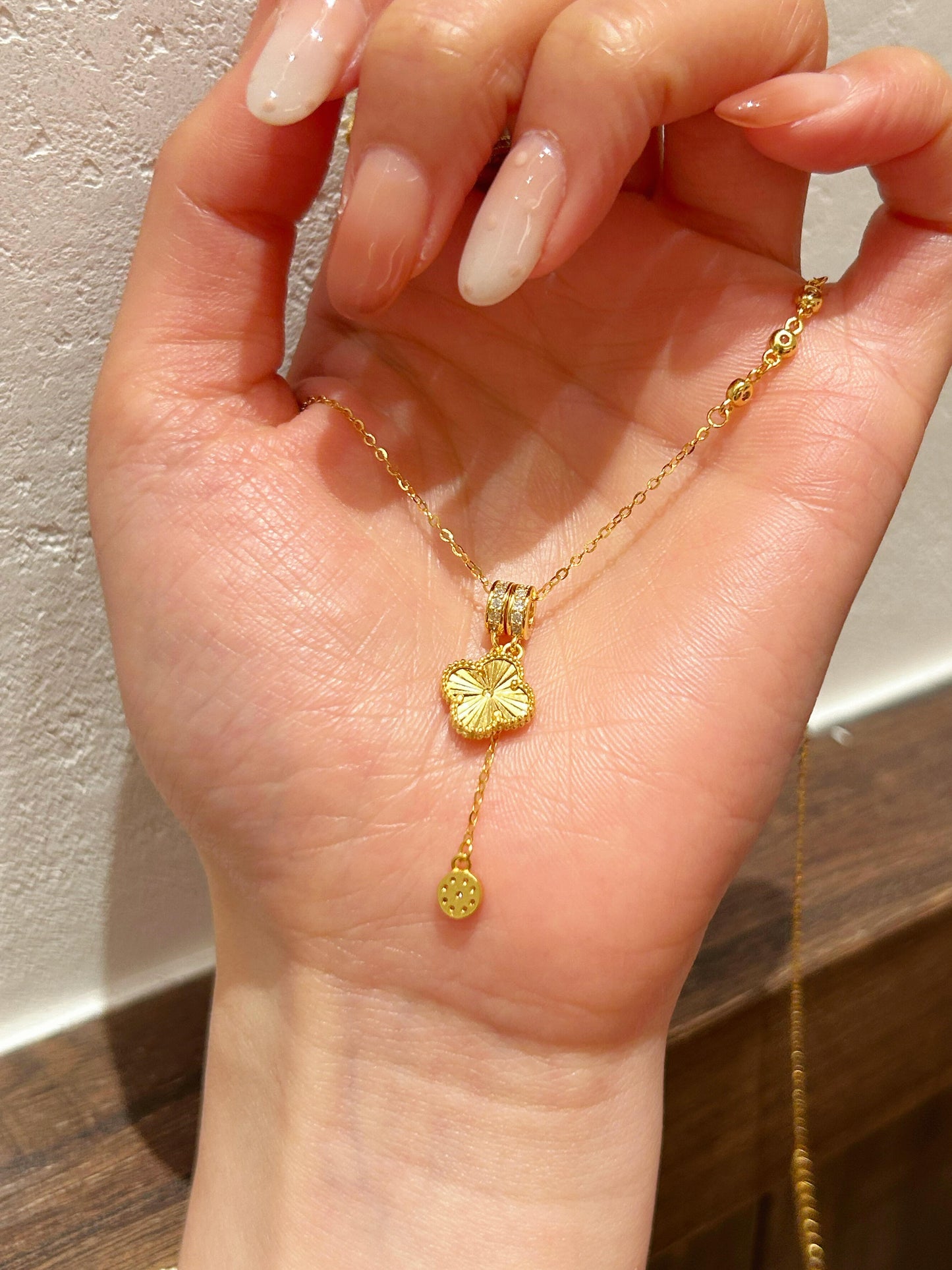 Golden Textured Clover Drop Necklace