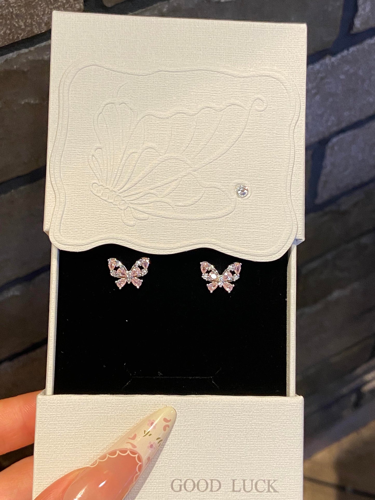 Silver Pink Crystal Butterfly Studs