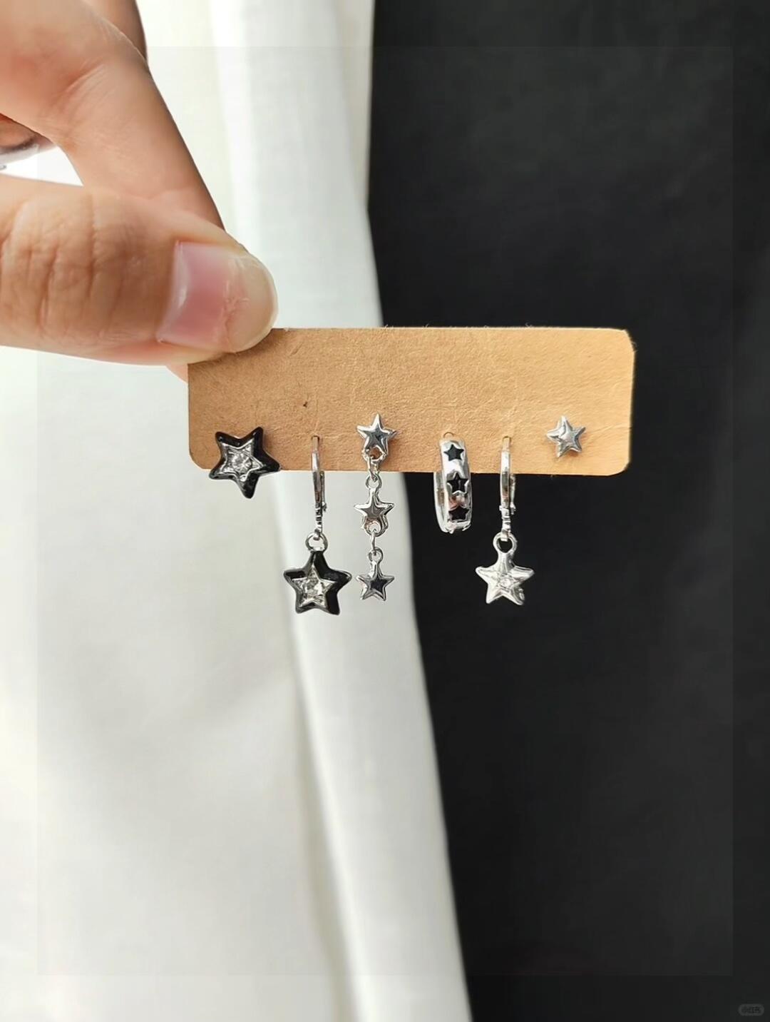 Silver Black Star Charm Huggie Earring Set