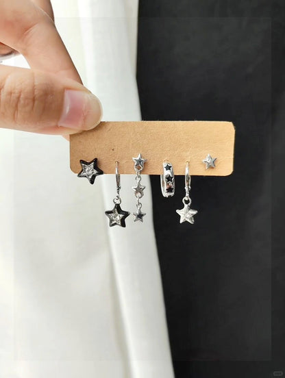 Silver Black Star Charm Huggie Earring Set