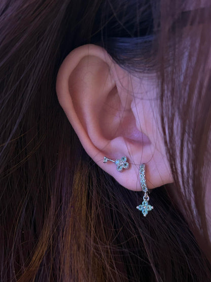 Teal Crystal Key and Flower Charm Earring Stack