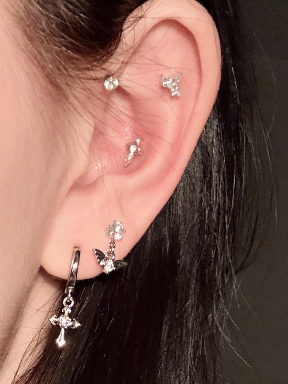 Black and Silver Kitty and Orb Earring Stack
