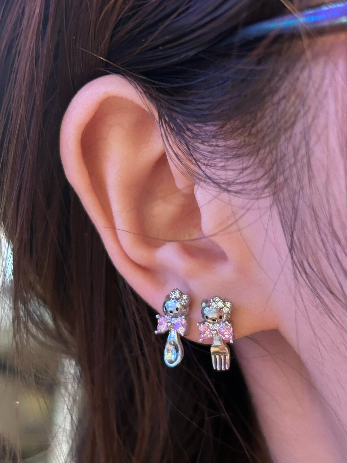 Bow Kitty Fork and Spoon Double Lobe Earring Stack