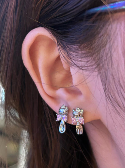 Bow Kitty Fork and Spoon Double Lobe Earring Stack