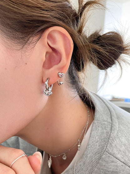 Silver Rock Hand and Pink Heart Star Double Lobe Earring Stack