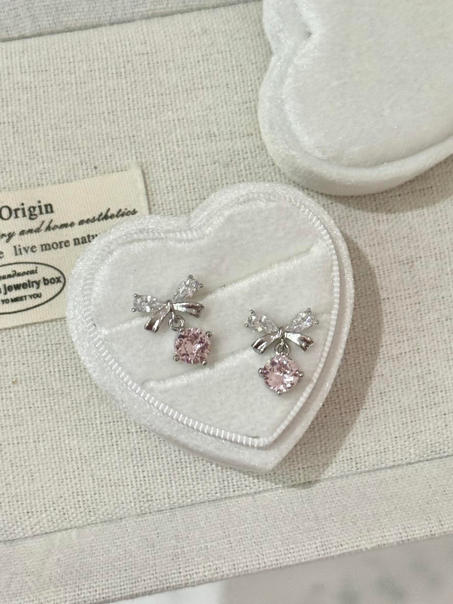 Silver Crystal Bow Pink Drop Earrings