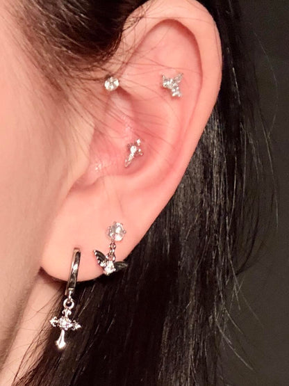 Silver Crystal Cross and Wing Earring Stack