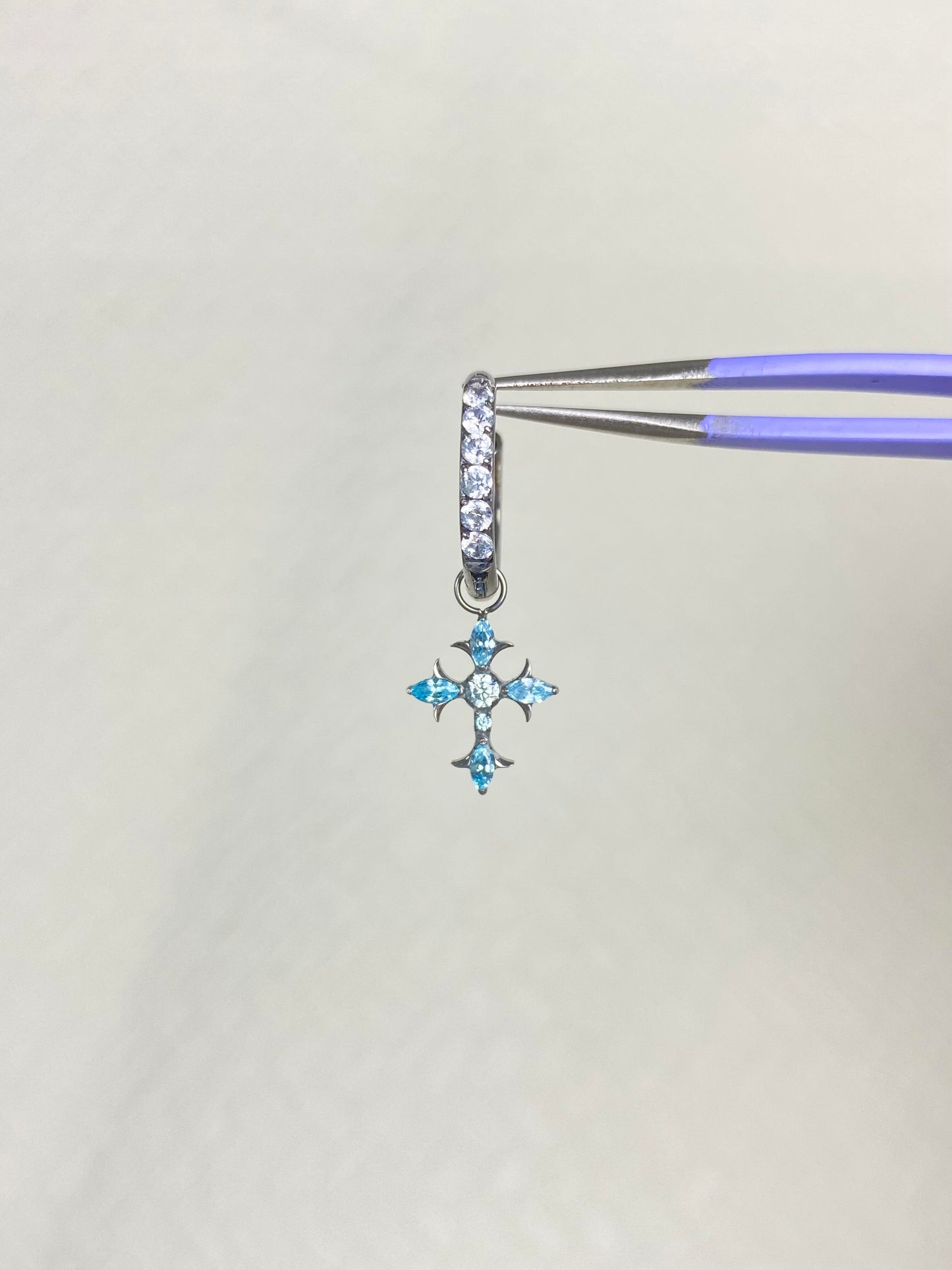 Silver Blue Crystal Butterfly and Cross Triple Lobe Earring Stack