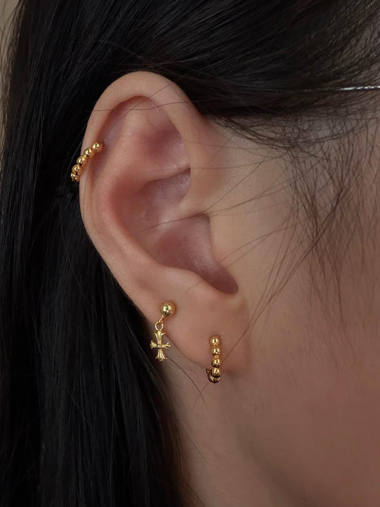 Gold Cross Drop and Beaded Earring Stack