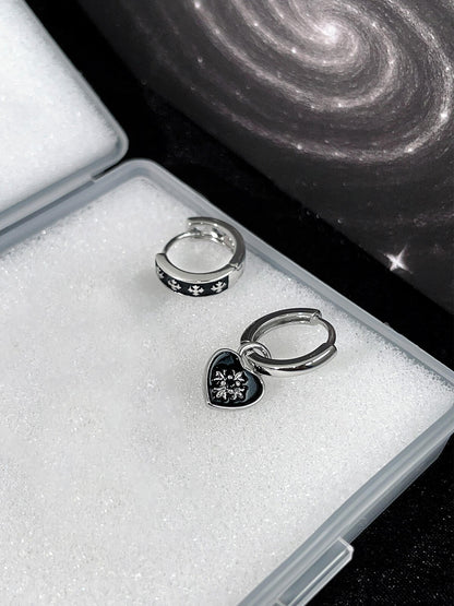 Silver Black Heart and Cross Double Lobe Earring Stack