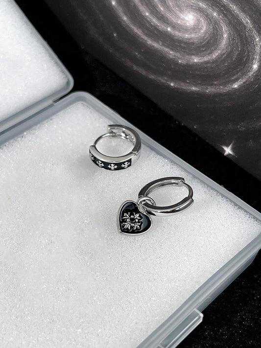 Silver Black Heart and Cross Double Lobe Earring Stack