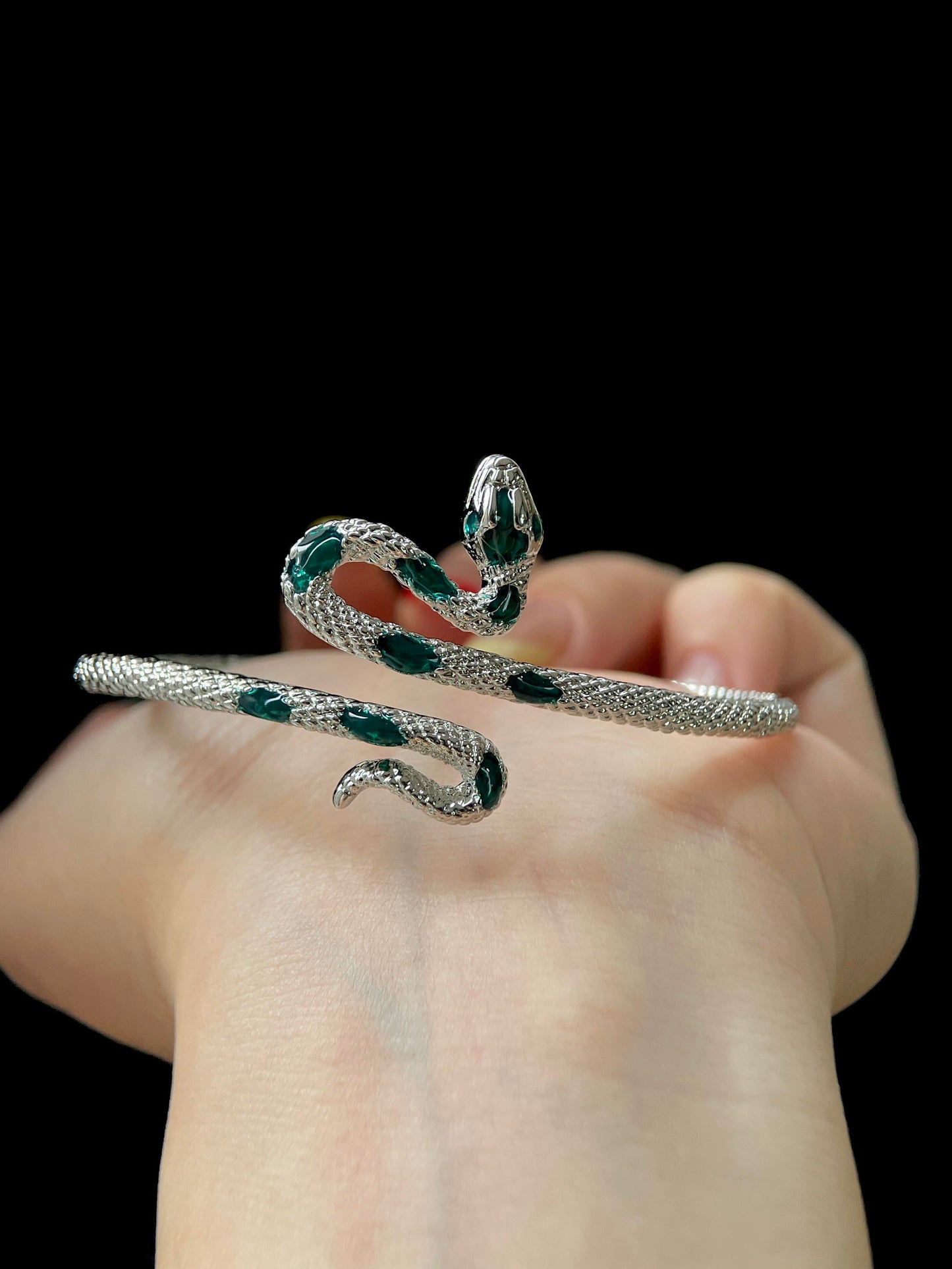 Silver Emerald Crystal Snake Bracelet