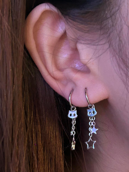 Silver Cat and Star Chain Double Lobe Earring Stack