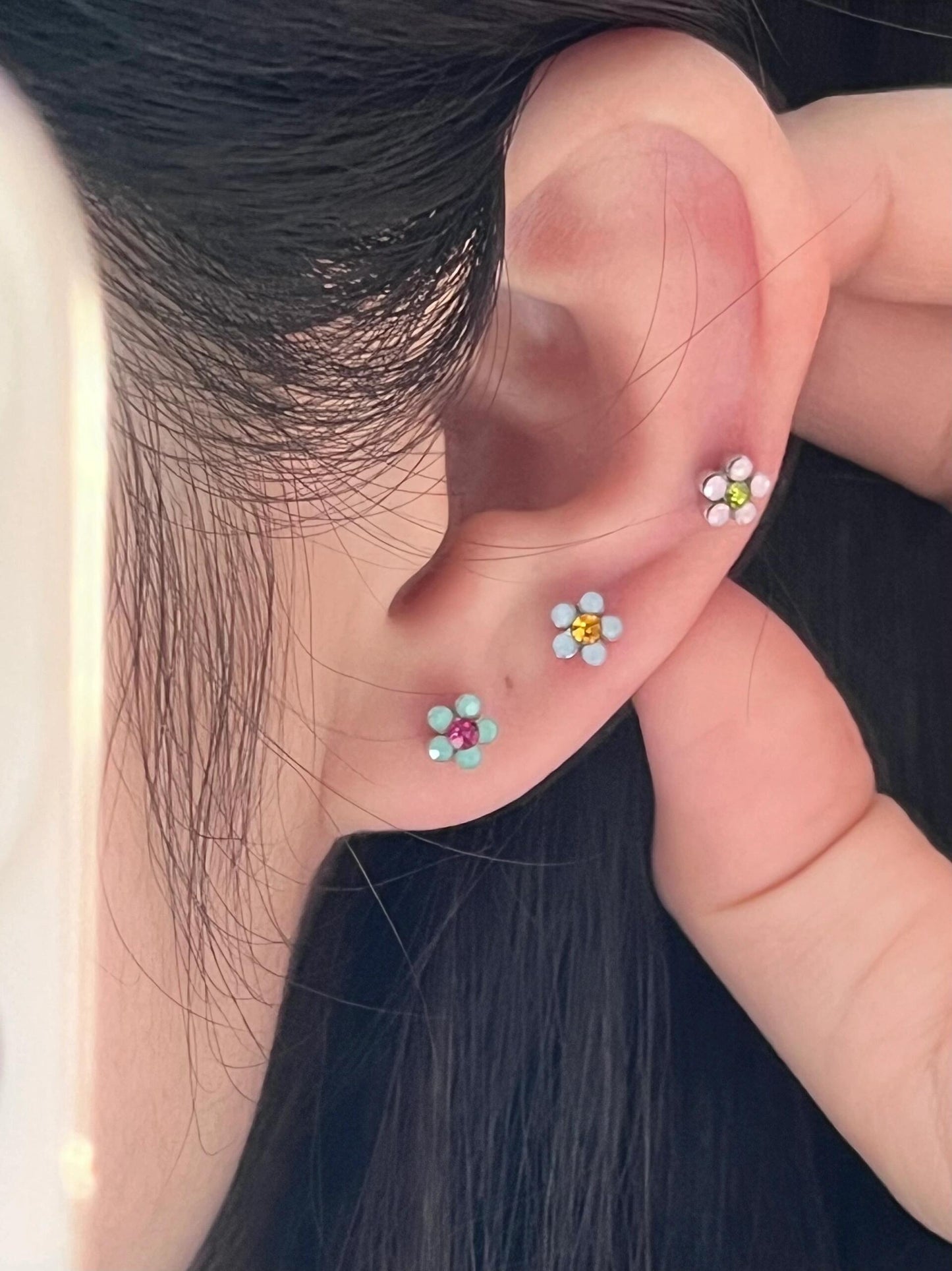Multi Opal Daisy Flower Helix Earrings