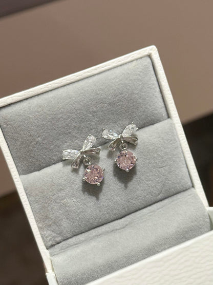 Silver Crystal Bow Pink Drop Earrings